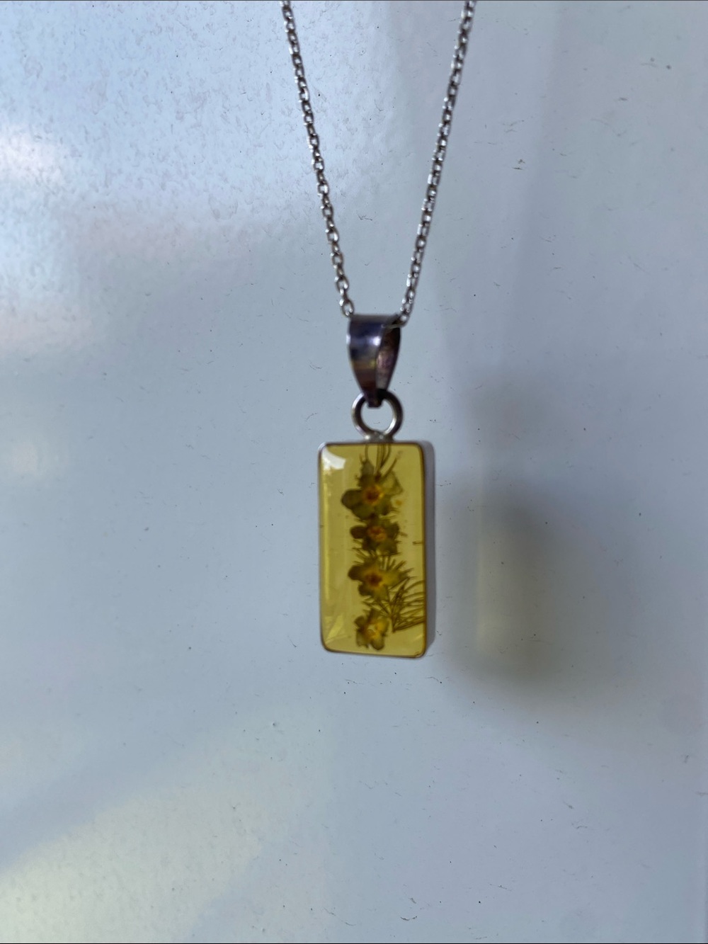 Sterling Silver Amber Rectangular Floral Pendant- Yellow Amber